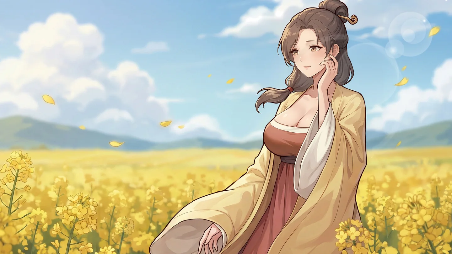一位古装女子坐在金黄色田野前的剧情插画